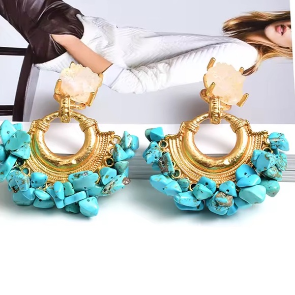 Anthropologie Jewelry - Gold and Turquoise Statement Earrings
